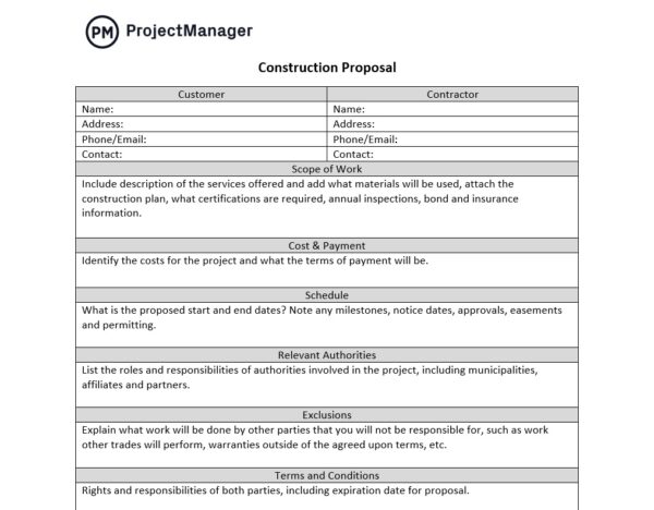 ProjectManager's construction bid template, ideal for the pre construction phase