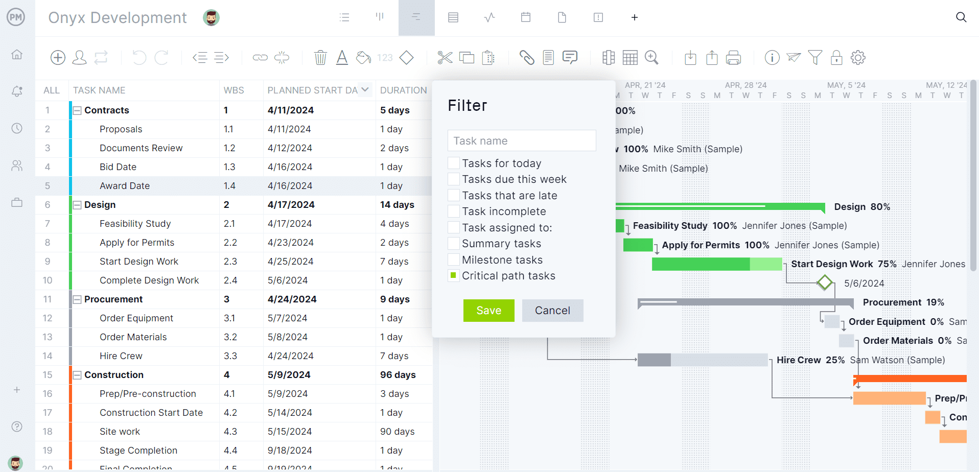 ProjectManager's Gantt chart with filter popup 